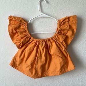 Orange off shoulder crop top with ruffle sleeves linen texture